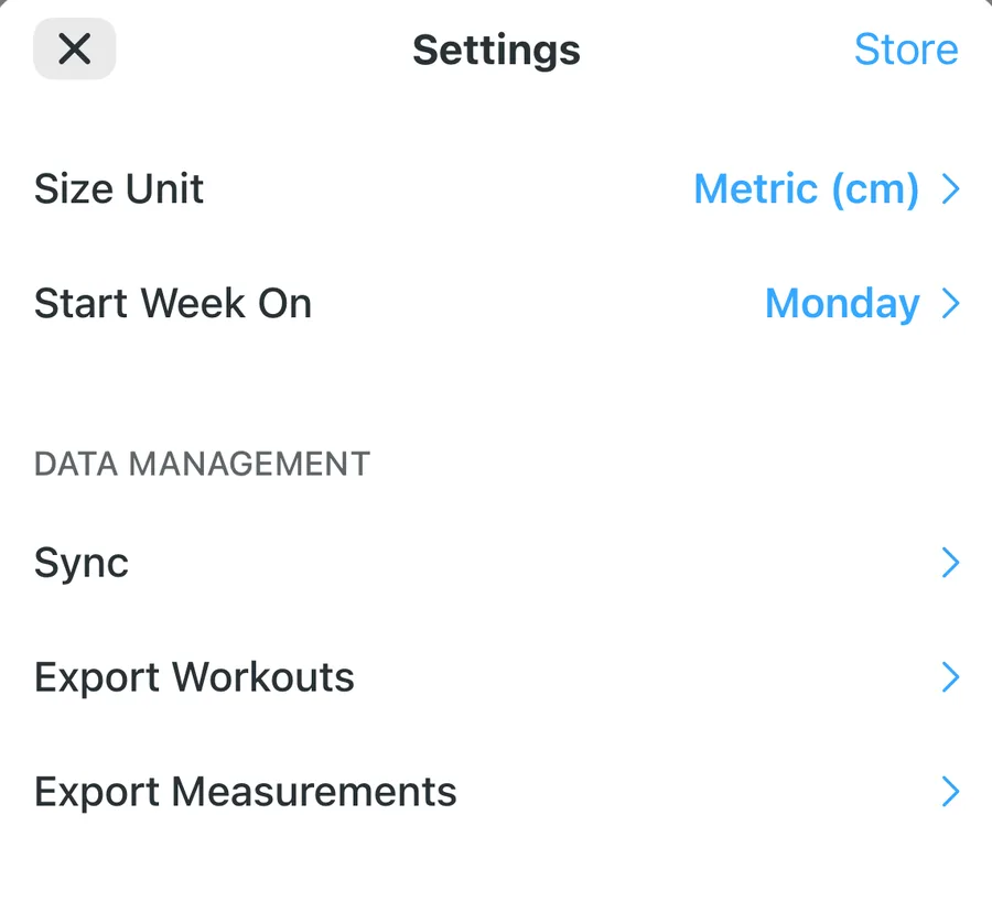 Strong's Settings screen with Export Workouts under the Data Management section