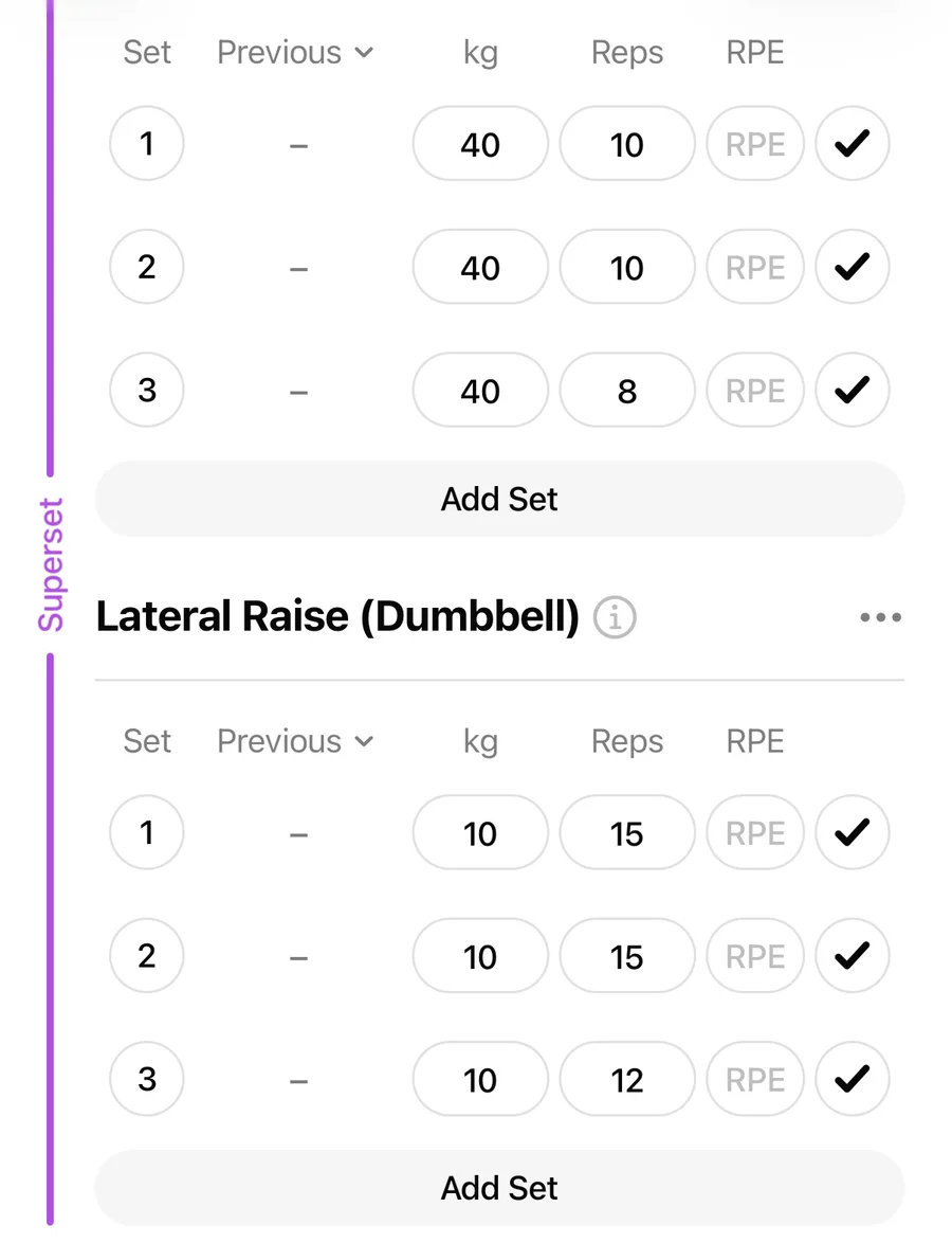 Two exercises grouped as a superset in Gript, linked by a colored Superset line