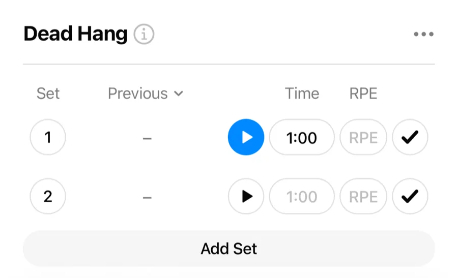 A Dead Hang exercise in Gript with timed sets, showing play buttons and a Time column
