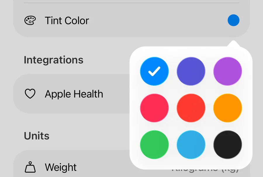 The Tint Color picker in the Gript Profile tab showing nine accent color options