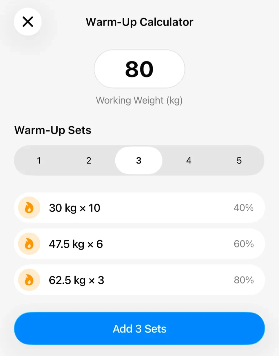 The Gript warm-up calculator building a three-set ramp to the working weight