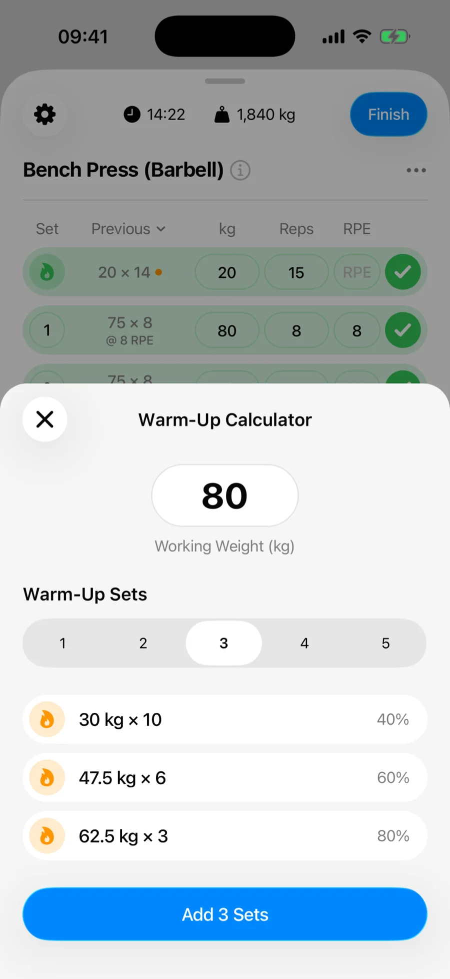 Gript warm-up calculator suggesting three ramp-up sets for an 80 kg working weight