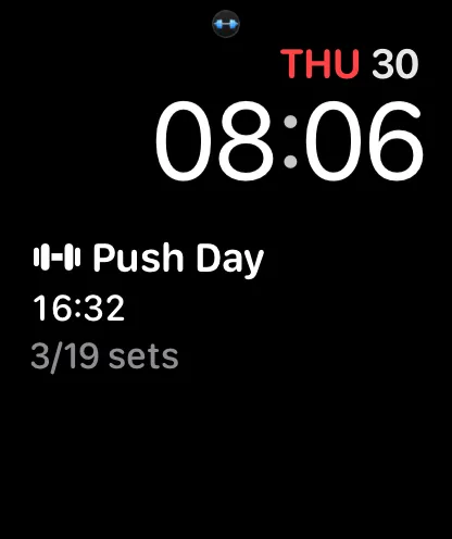 A watch face with the Gript complication showing the workout name, elapsed time, and completed sets