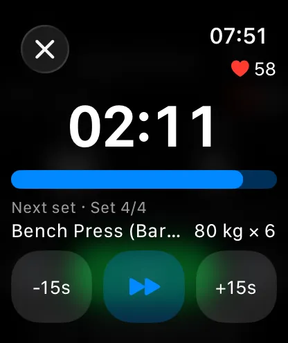 The rest countdown on Apple Watch with a progress bar, a preview of the next set, and −15s, skip, and +15s buttons