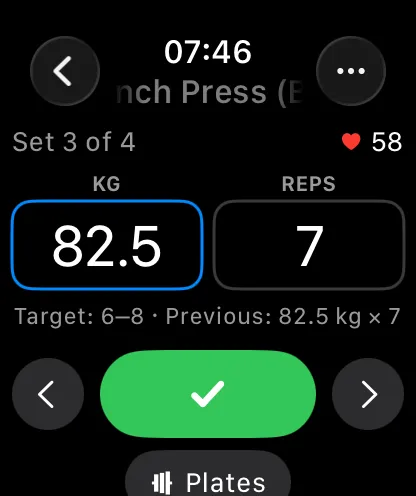 The set screen on Apple Watch with weight and reps boxes, the weight box highlighted for crown input, and a large checkmark button