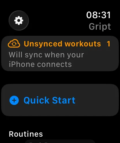 The Gript start screen on Apple Watch showing an Unsynced workouts banner with a count of one