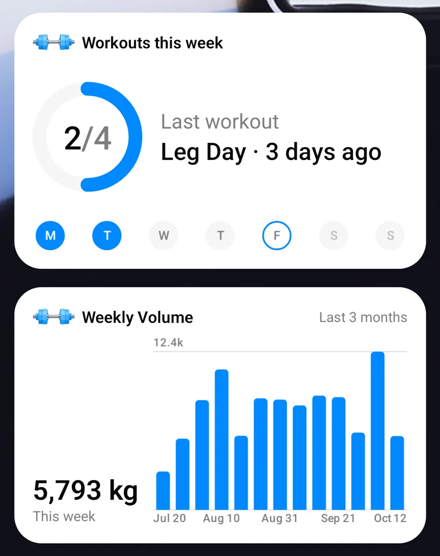 Ein Android-Startbildschirm mit dem Gript-Widget Diese Woche mit 2 von 4 Trainings und einem Wochenvolumen-Diagramm-Widget