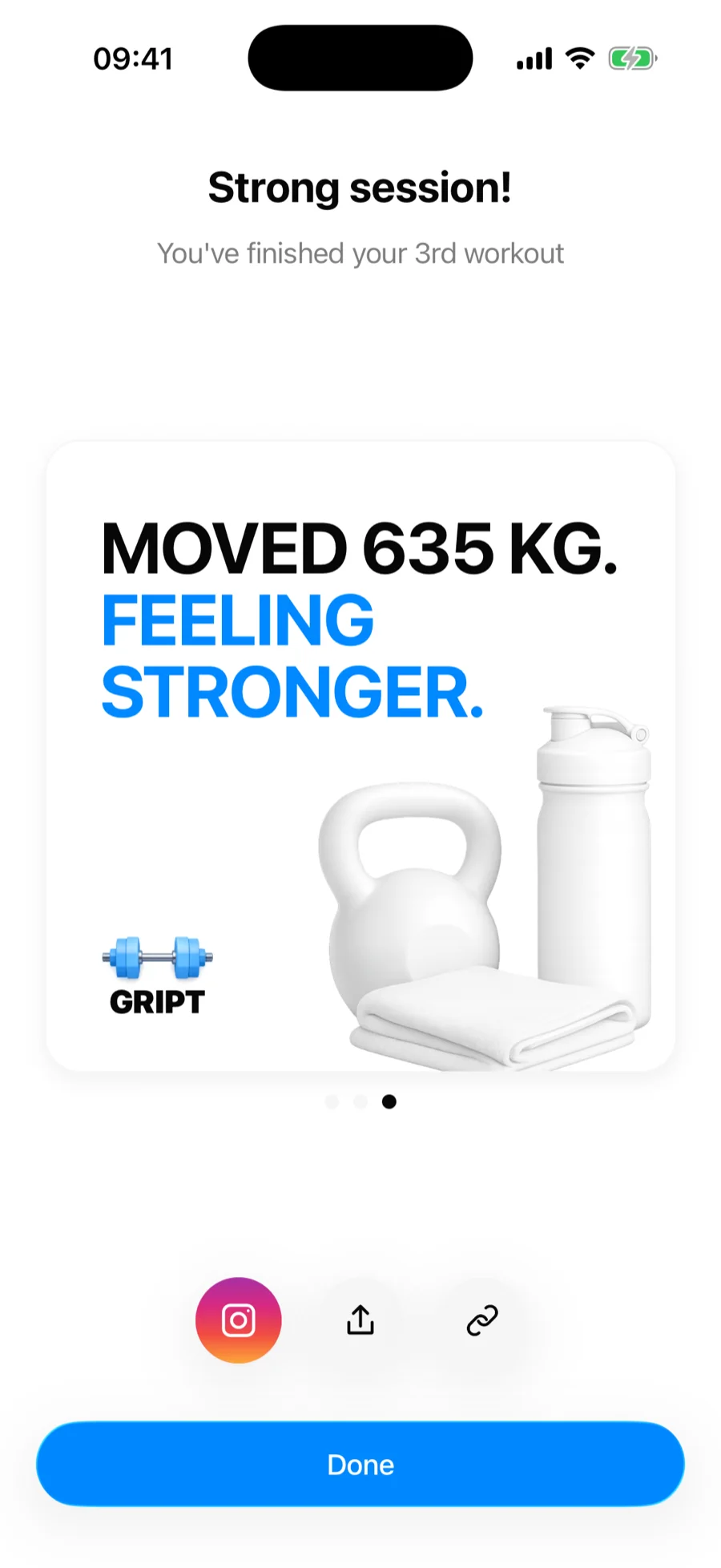 Gript workout completion screen with a share card and buttons for Instagram Stories, share sheet, and link