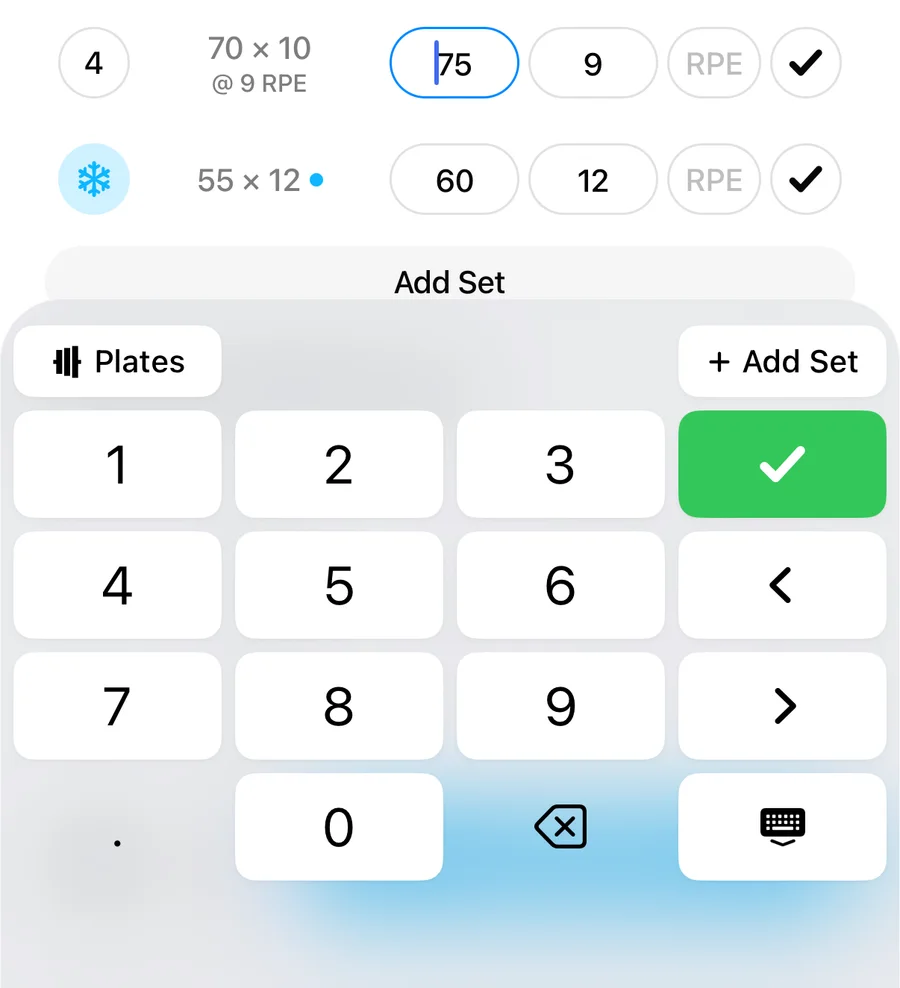 The Gript workout keyboard: a number pad with a green complete key, previous and next arrows, Plates, Add Set, and hide keys