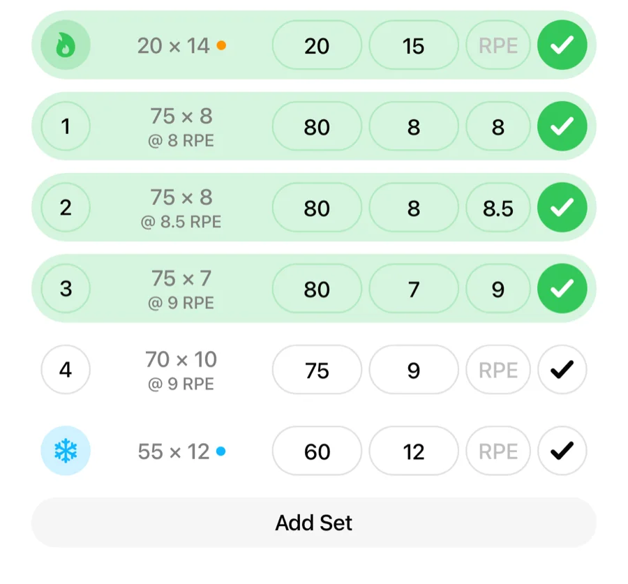 Gript set rows showing a warm-up set with a flame icon, numbered working sets, and a cool-down set with a snowflake icon