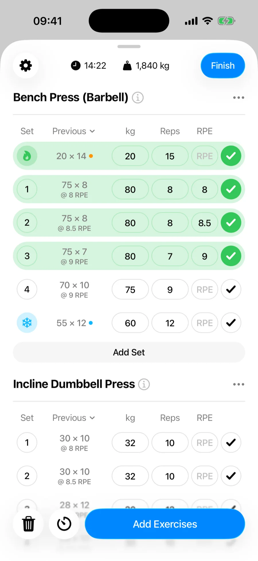 A Gript workout with multiple exercises — press and hold an exercise name to drag it