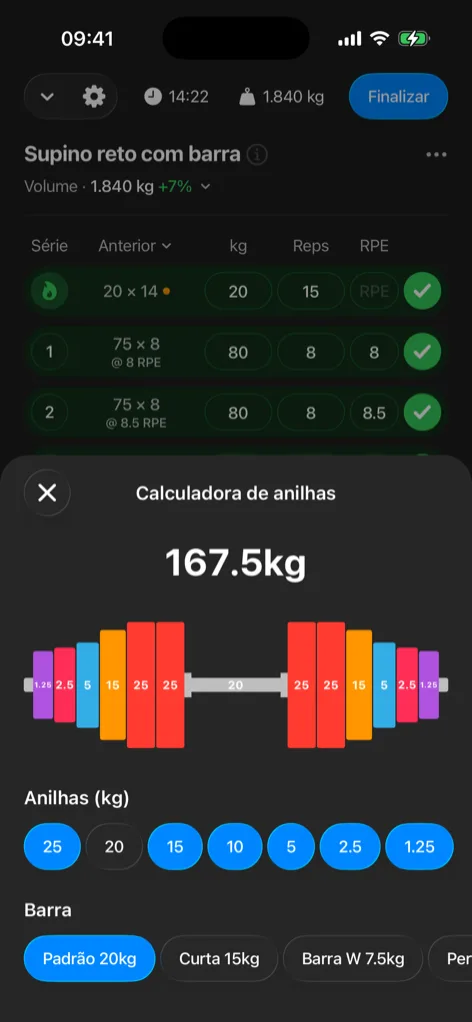 Captura de tela da calculadora de anilhas da Gript