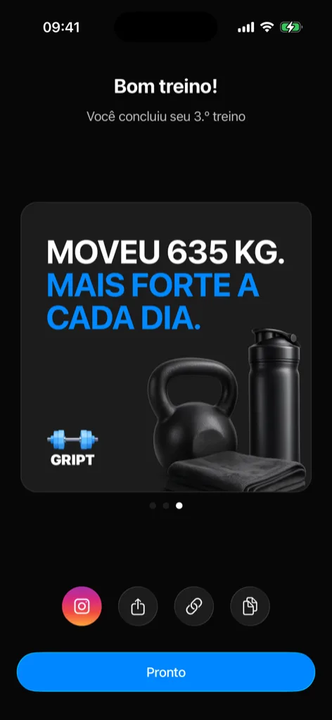 Captura de tela do card de compartilhamento de treino da Gript