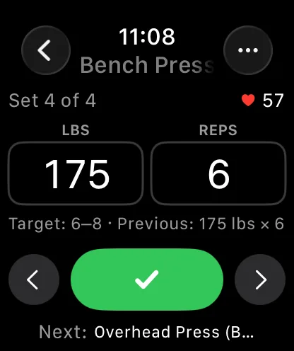Gript set logging on Apple Watch with weight, reps, and previous set in view