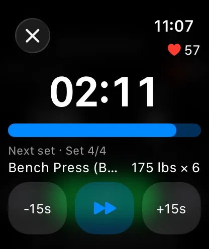 Gript rest timer running on Apple Watch with heart rate