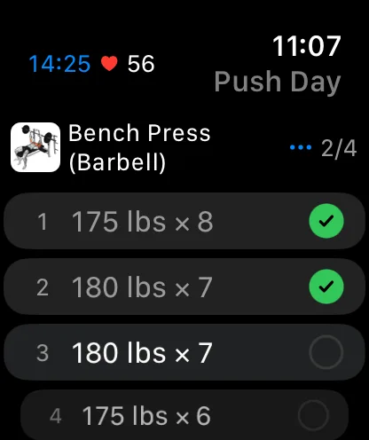 Active workout on Apple Watch showing sets checked off